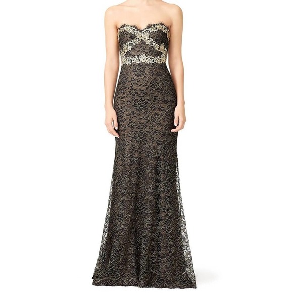 Marchesa notte gilded gold black lace strapless sweetheart gown - Picture 1 of 7